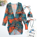 Women 3 Piece Triangle Halter Side Tie Tropical Drawstring Cover Up Kimonos Bikini Swimsuit