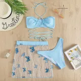 Women 3 Piece Drawstring Criss Cross Halter High Cut Cover Up Butterfly Mesh Skirt Bikini Swimsuit