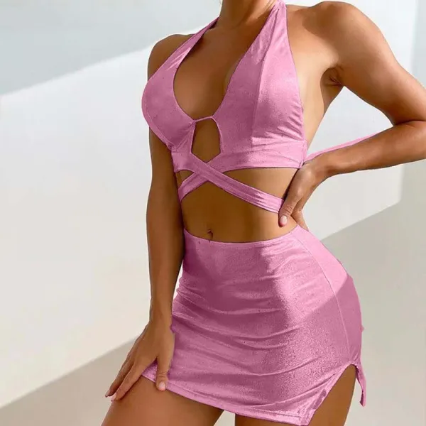 Women 3 Piece Halter Criss Cross Cut Out Cover Up Skirt Bikini Swimsuit