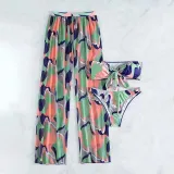 Women 3 Piece Color Block Tie Dye Bandeau Bowknot Halter High Cut Cover Up Pants Bikini Swimsuit