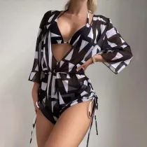 Women 3 Piece Tropical Triangle Halter Cover Up Kimonos Bikini Swimsuit