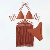 Women 3 Piece Ring Linked Plunging Triangle Halter Cover Up Mesh Skirt Bikini Swimsuit