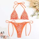 Women Two Pieces Halter Leopard Brassiere Side Tie Print High Cut Bikini Swimsuit
