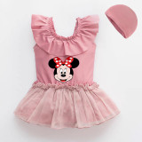 Girls Bathing Suits Cartoon Mouse Head With Bow Tie One Piece Lace Collar Swimsuits