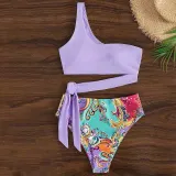 Women Two Pieces One Shoulder Side Knot Tankini Flower Prints Bikini Swimsuit