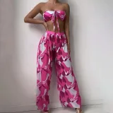Women 3 Piece Color Block Tie Dye Bandeau Bowknot Halter High Cut Cover Up Pants Bikini Swimsuit