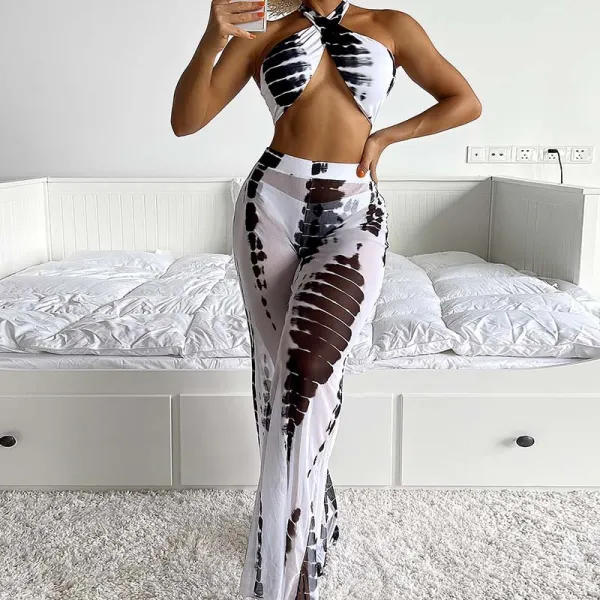 Women 3 Piece Boho Tie Dye Criss Cross Halter High Cut Cover Up mesh Pants Bikini Swimsuit