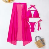 Women 3 Piece Cut Out Halter Chain Linked High Cut Cover Up Belt Mesh Kimono Bikini Swimsuit