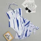Women Two Piece Tie Dye Drawstring Cut Out Halter Cover Up Knot Kimonos Bikini Swimsuit