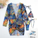 Women 3 Piece Triangle Halter Side Tie Tropical Drawstring Cover Up Kimonos Bikini Swimsuit