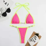 Women Two Pieces Halter Brassiere Chain Linked High Cut Bikini Swimsuit