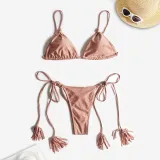 Women Two Pieces Criss Cross Tassel Ring Linked Plunging High Cut Bikini Swimsuit
