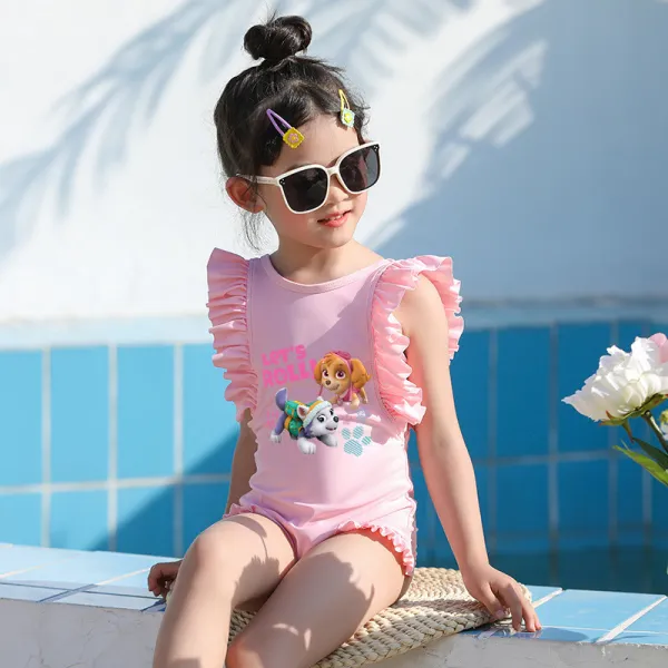 Girls Bathing Suits Let's Roll Cartoon Dogs One Piece Ruffled Cuff Swimsuits