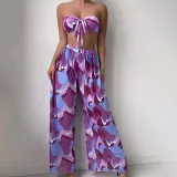 Women 3 Piece Color Block Tie Dye Bandeau Bowknot Halter High Cut Cover Up Pants Bikini Swimsuit