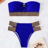 Women Two Pieces Ring Linked Plunging Bandeau Knit Triangle Bikini Swimsuit
