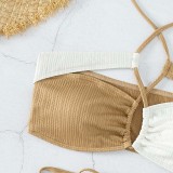 Women Two Pieces Criss Cross Halter color Block Cut Out Bikini Swimsuit