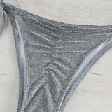Women Two Pieces Rib Binding Trim Halter Micro Triangle Side Tie Bikini Swimsuit