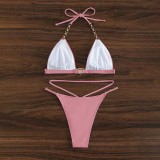 Women Two Pieces Chain Link Halter Heart Linked Plunging High Cut Bikini Swimsuit