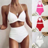 Women Two Pieces Halter Triangle Brassiere Ruched High Waist Bikini Swimsuit