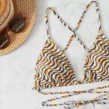 Women 3 Piece Ripple Pattern Criss Cross Triangle Halter High Cut Cover Up Skirt Bikini Swimsuit