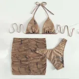 Women 4 Piece Tie Dye Triangle Halter Cover Up Drawstring Skirt Bikini Swimsuit