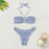 Women Two Pieces Floral Ruched Cirss Cross Halter Cut Out Bikini Swimsuit