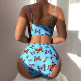 Women Two Pieces Ring Linked Plunging Push Up Butterfly Prints High Waist Bikini Swimsuit