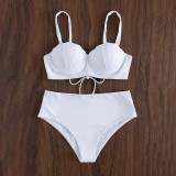 Women Two Pieces Push Up Solid Color Drawstring Side Knot Bikini Swimsuit