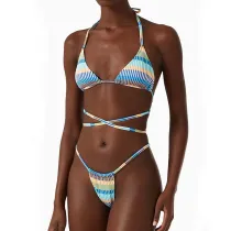 Women Two Pieces Halter Criss Cross Stripe Multicolour High Cut Bikini Swimsuit