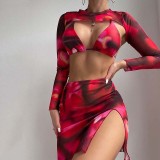 Women 3 Piece Tie Dye Triangle Halter Cover Up Tankini Skirts Bikini Swimsuit