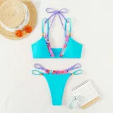 Women Two Pieces Rib Binding Trim Halter Tie Dye Bikini Swimsuit