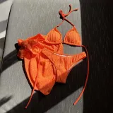 Women 3 Piece Solid Color Triangle Halter Side Knot Skirt Cover Up Bikini Swimsuit
