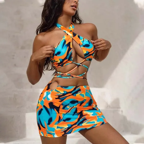 Women 3 Piece Criss Cross Halter Cut Out Tie Dye Cover Up Skirt Bikini Swimsuit