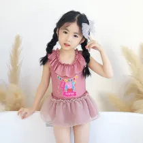 Girls Bathing Suits Cartoon Pig Fairy Birthday Name Custom One Piece Lace Collar Swimsuits