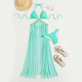 Women 2 Piece Ring Linked Plunging Triangle Halter Cover Up Kimonos Bikini Swimsuit