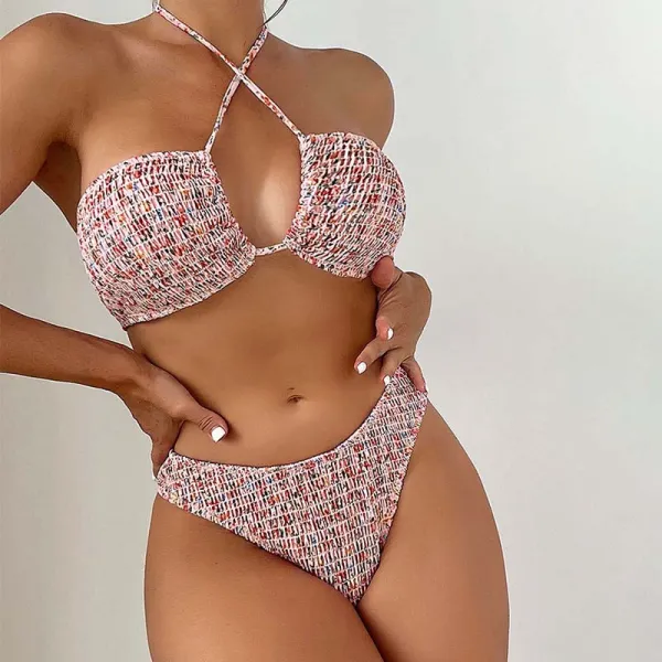 Women Two Pieces Floral Ruched Cirss Cross Halter Cut Out Bikini Swimsuit