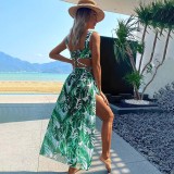 Women 3 Piece Green Tropical Bandeau Back Lace Up Cover Up Skirt Bikini Swimsuit