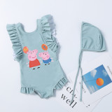 Girls Bathing Suits Cartoon Pigs With Balloons One Piece Ruffled Cuff Swimsuits