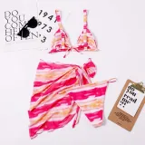 Women 3 Piece Tie Dye Gradient Drawstring Triangle Cup Cover Up Knot Kimonos Bikini Swimsuit