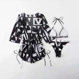Women 3 Piece Tropical Triangle Halter Cover Up Kimonos Bikini Swimsuit