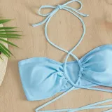 Women 3 Piece Drawstring Criss Cross Halter High Cut Cover Up Butterfly Mesh Skirt Bikini Swimsuit
