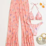 Women 3 Piece Butterfly Triangle Halter High Cut Cover Up Pants Bikini Swimsuit