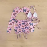 Women 4 Piece Butterfly Prints Triangle Halter Cover Up Drawstring Skirt Bikini Swimsuit