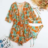 Women 3 Piece Tropical Triangle Halter Cover Up Kimonos Bikini Swimsuit