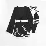 Women 4 Piece Bandeau Criss Cross Triangle Halter Bowknot Halter Cover Up Tassel Tops and Skirt Bikini Swimsuit