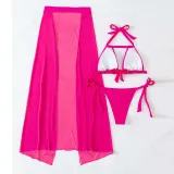 Women 3 Piece Cut Out Halter Chain Linked High Cut Cover Up Belt Mesh Kimono Bikini Swimsuit