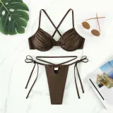 Women Two Pieces Criss Cross Rushed Padded String Thong High Cut Bikini Swimsuit