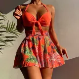 Women 3 Piece Tropical Ruched Bowknot Halter Cover Up Skirt Bikini Swimsuit