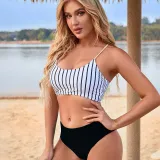 Women Two Pieces Stripe Tankini Back Lace Up High Waist Bikini Swimsuit