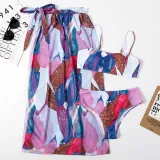 Women 3 Piece Watercolor Printing Tie Dye Sling Bandeau Cover Up Kimonos Bikini Swimsuit